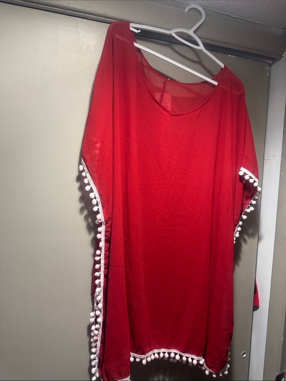 Red Pom-Pom Trim Swim Coverup Tunic
